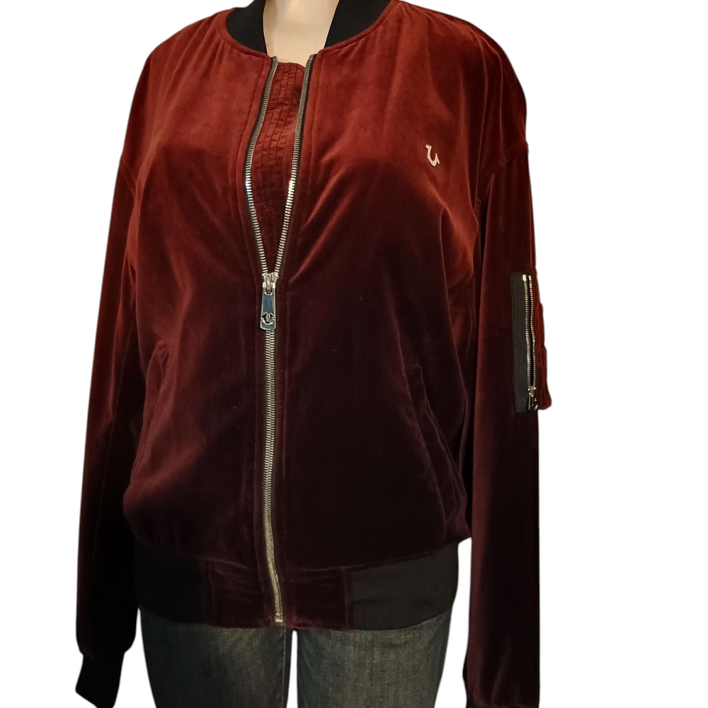 True Religion Burgundy Velvet Bomber Jacket